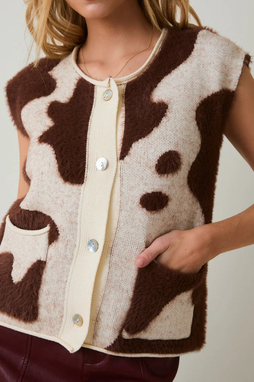 Brown and cream cow print sweater vest cardigan with front pockets, sleeveless vest cardigan
