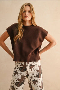 Brown loose fit short sleeve cropped sleeveless top with high neckline