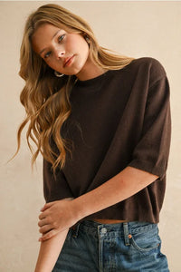 Brown short sleeve sweater top with ribbed knit texture