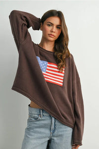 Brown American Flag Graphic Long Sleeve Cotton Sweatshirt