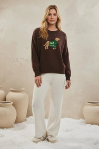 Crew neck Christmas dog sweater with brown dinosaur design