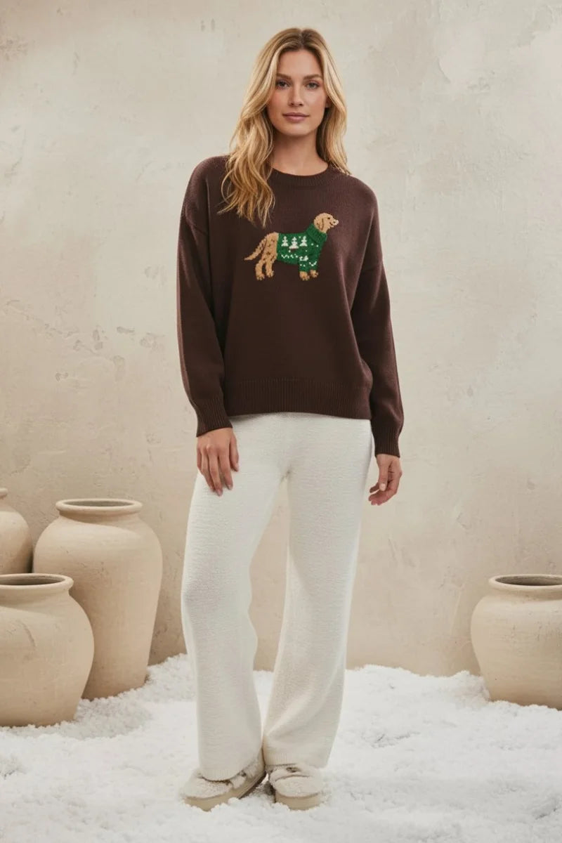 Crew neck Christmas dog sweater with brown dinosaur design