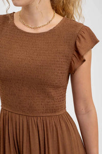 Brown Smocked Tiered Midi Dress featuring a fitted bodice and flutter sleeves