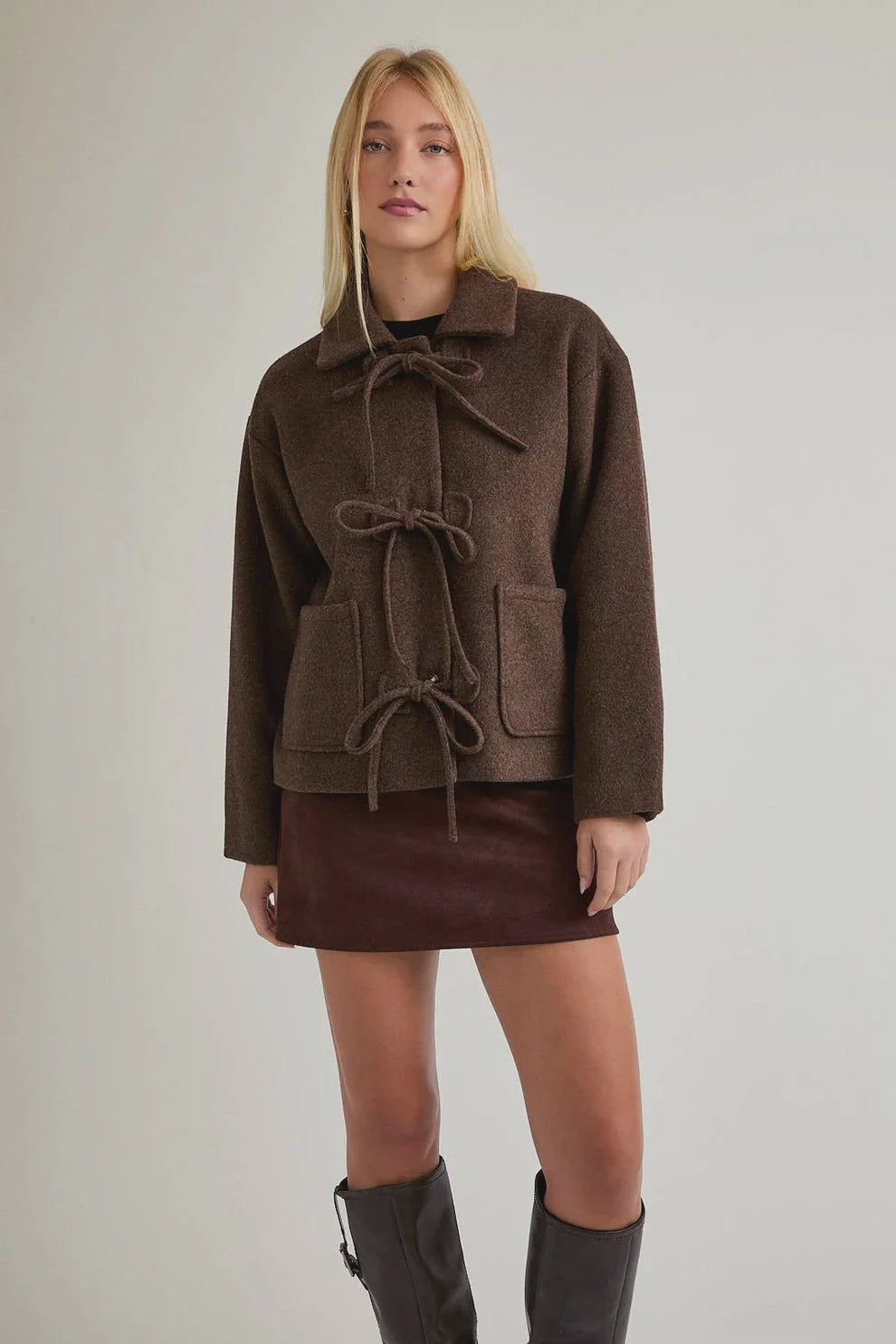 Women’s boho chic soft jacket with front button bow detail