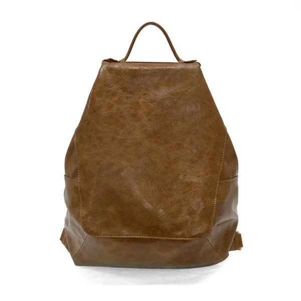 Brown vegan leather MAGGIE MODERN BACKPACK with adjustable shoulder straps and padded pocket