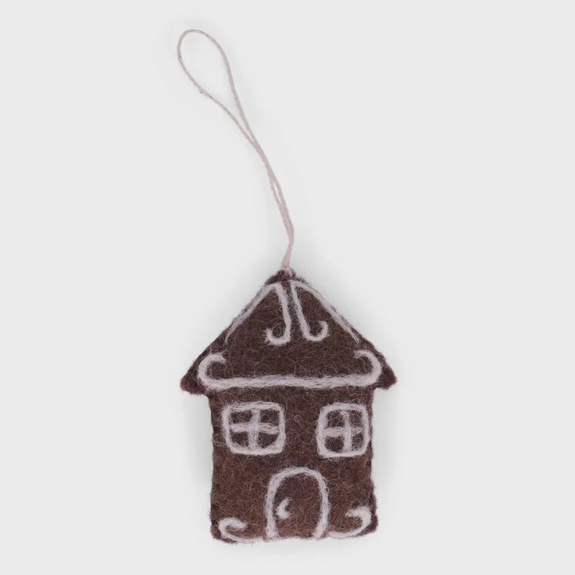 Handmade gingerbread house ornament in brown felt with white details