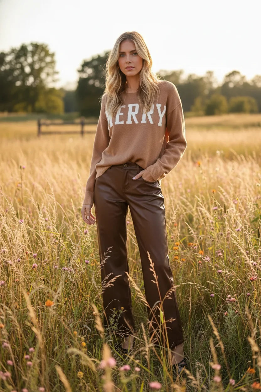 Brown flannel pants paired with crew neck long merry sweater