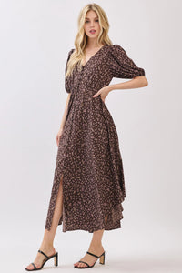 Brown floral short sleeve self-cover midi dress with puff sleeves and side slit