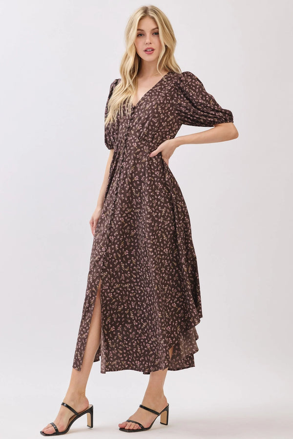 Brown floral short sleeve self-cover midi dress with puff sleeves and side slit