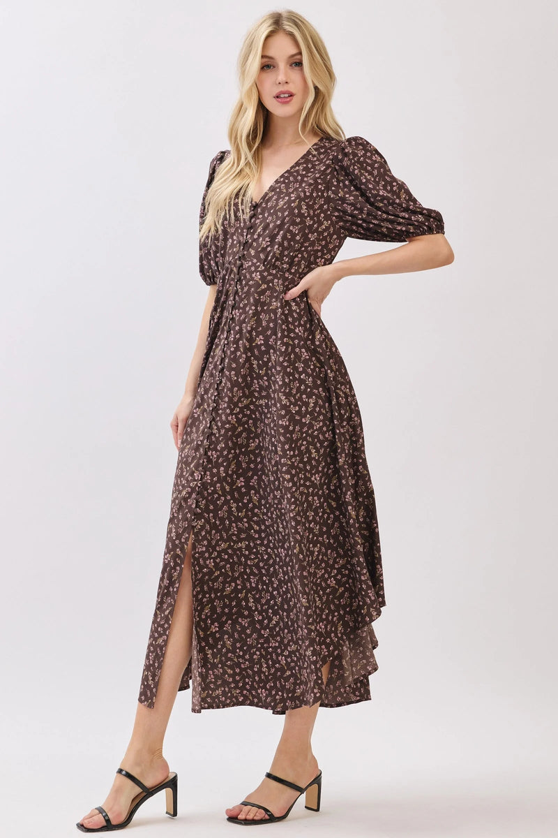 Brown floral short sleeve self-cover midi dress with puff sleeves and side slit