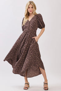 Brown floral print short sleeve self-cover midi dress with V-neck and side pockets