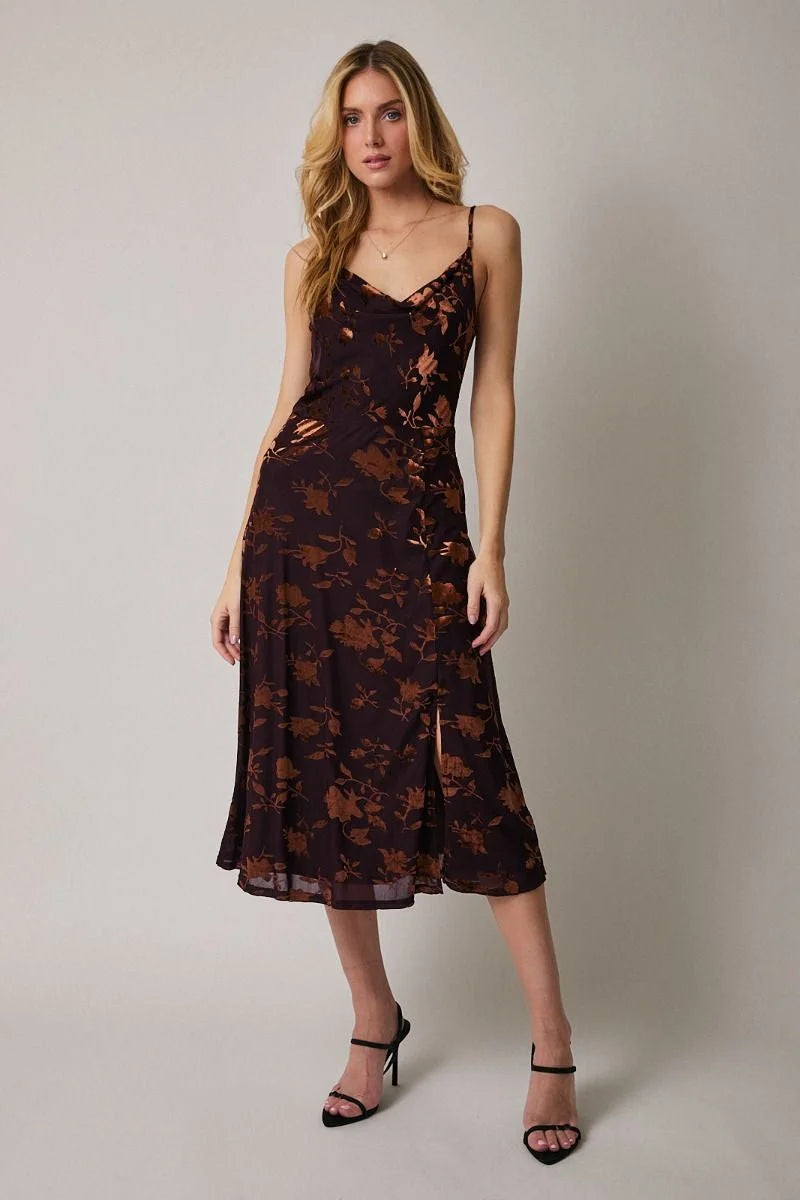 Sleeveless cowl neck midi flare dress in brown floral velvet