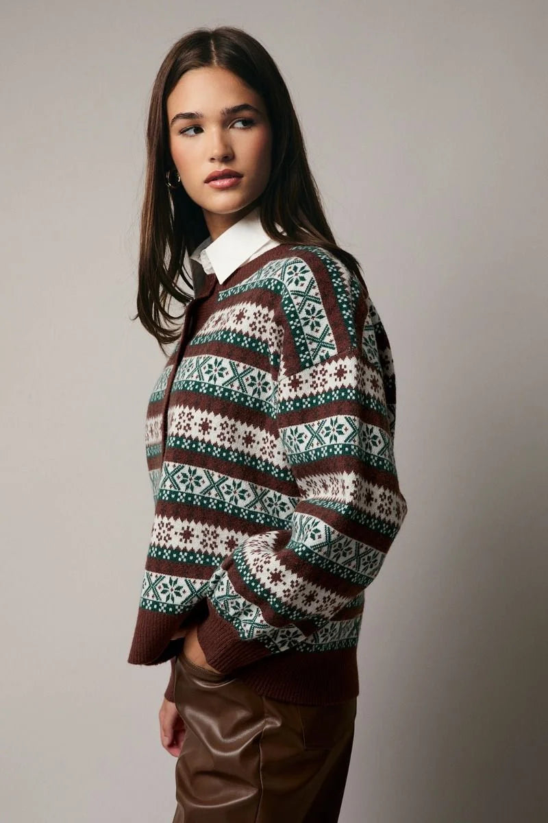 Brown and green Fair Isle round neck button-up graphic cardigan