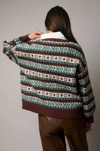 Brown and green fair isle round neck button-up graphic cardigan with white collar