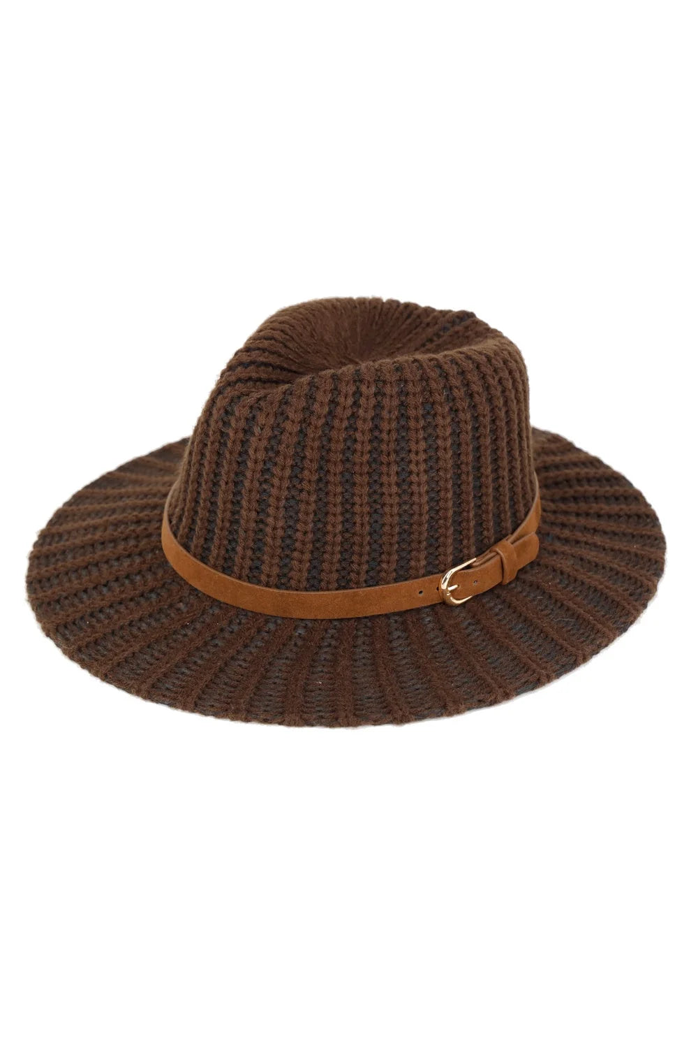 Brown knitted fedora hat with tan leather band in ribbed knit strap Panama style