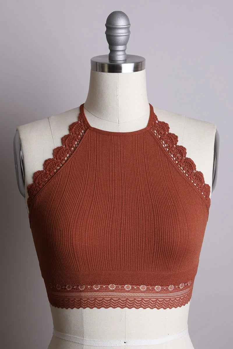 Brown high neck crochet lace trim bralette featuring elegant lace detailing on the neck