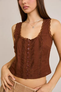 Brown lace-trimmed scoop neckline summer top, a cute tank top for warm weather