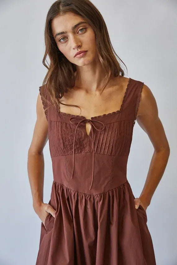 SOLID COTTON LACE TIE FRONT MAXI DRESS CHOCOLATE / SMALL SOLID COTTON LACE TIE FRONT MAXI DRESS CHOCOLATE / SMALL
