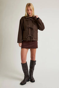 Brown lace-up soft jacket with button bow detail for women’s boho chic clothing