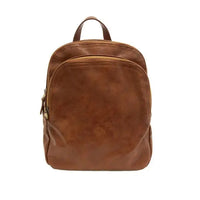 Brown leather backpack featuring logo zip pulls from the FRANKIE Soft Leather Backpack