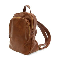 Brown leather FRANKIE SOFT LEATHER BACKPACK with gold zip pulls and logo zip details