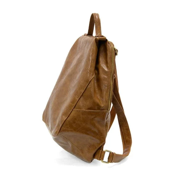 Brown vegan leather MAGGIE MODERN BACKPACK with adjustable shoulder straps and padded pocket