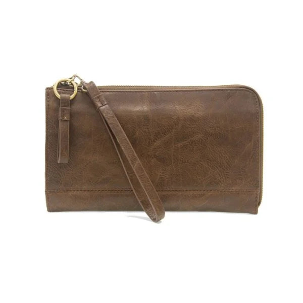 Brown leather KARINA CONVERTIBLE WRISTLET & WALLET with credit card slots and wrist strap