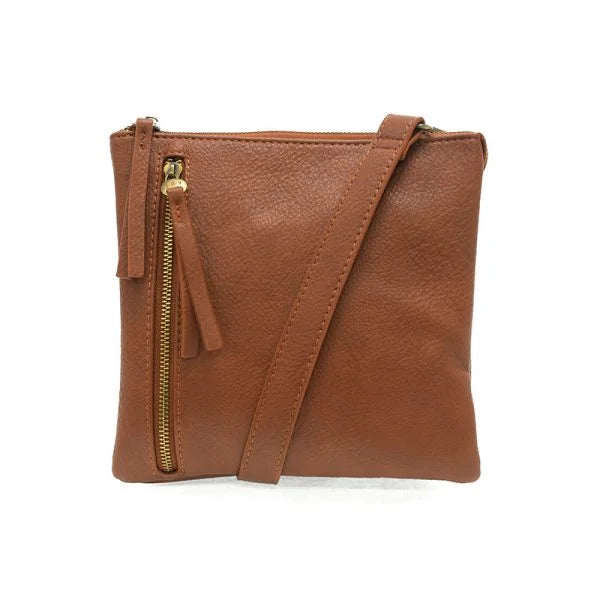 Brown leather DAWN MULTI POCKET COMPACT CROSSBODY BAG with front zipper pocket