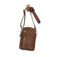 Brown leather JOLENE CROSSBODY PHONE bag with zipper closure and interior credit card pocket