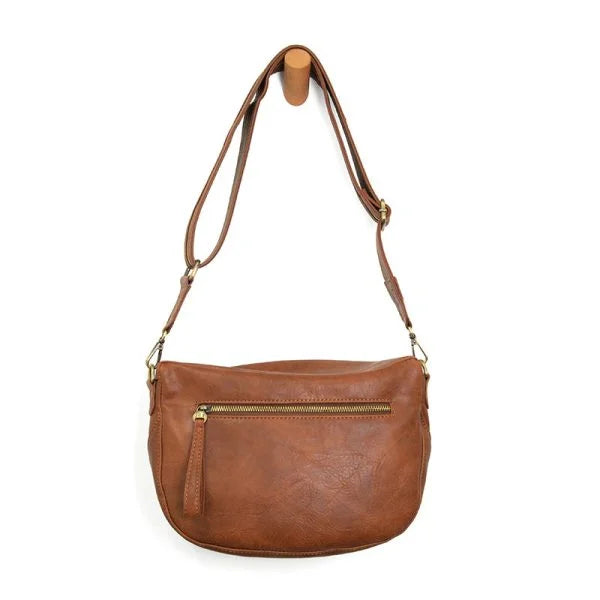 Brown leather crossbody handbag featuring a zippered front pocket, LAURA CONTRAST STRAP Sling