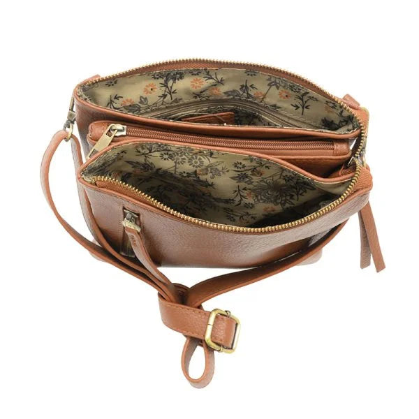 Brown leather DAWN MULTI POCKET compact crossbody bag with zippered compartments