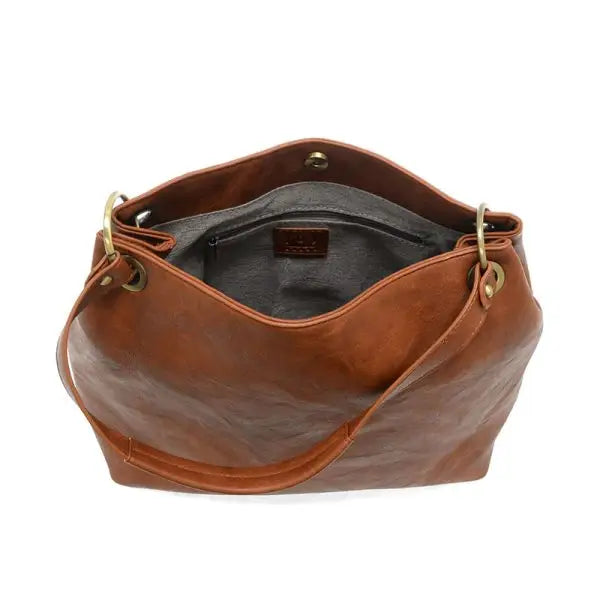 Brown leather JEM Bucket Shoulder Bag with brass hardware and gray lining, shop Daisy