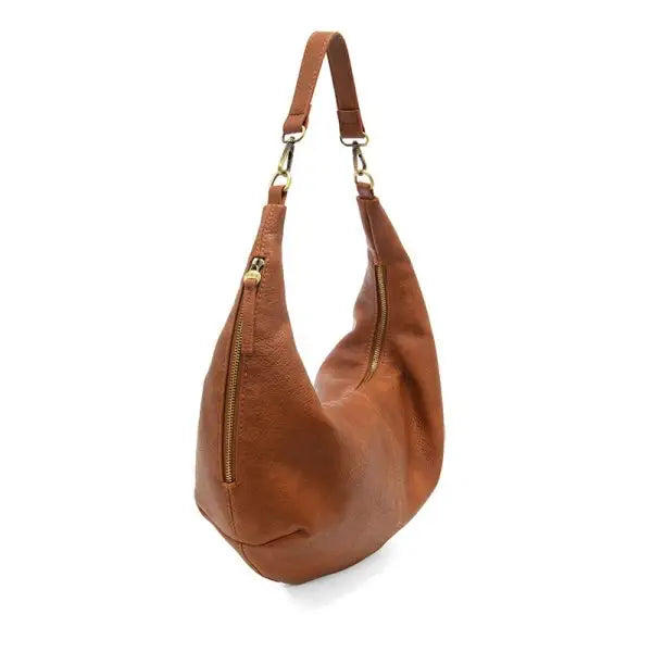 Brown leather Rhea Slouchy Crescent Shoulder Crossbody Bag with short shoulder strap