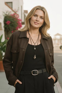 Classic brown leather Abela Jacket with multiple pockets and boho chic design