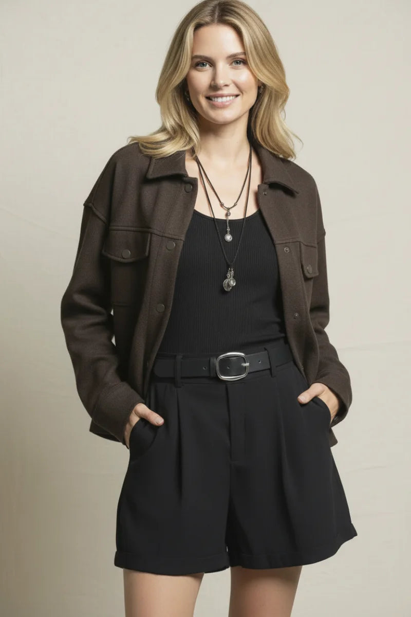 Boho chic Abela Jacket in brown leather with pockets and relaxed fit