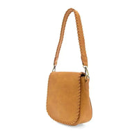 Brown leather shoulder bag with braided trim and adjustable shoulder strap for versatile use