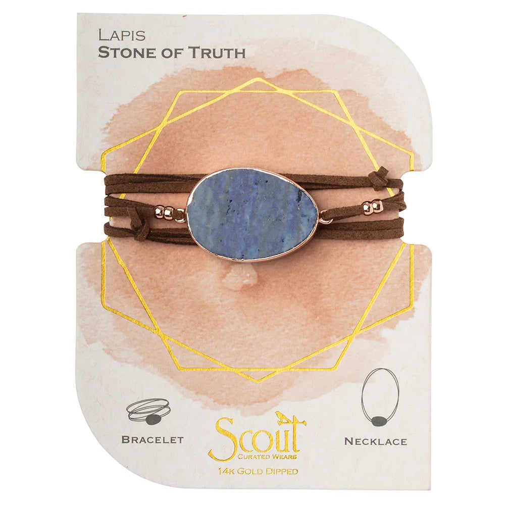 Brown leather wrap bracelet with lapis stone centerpiece and magnetic clasp for versatile styling