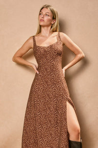 Brown leopard print midi dress with empire waist and high slit in Wild Baby Empire collection