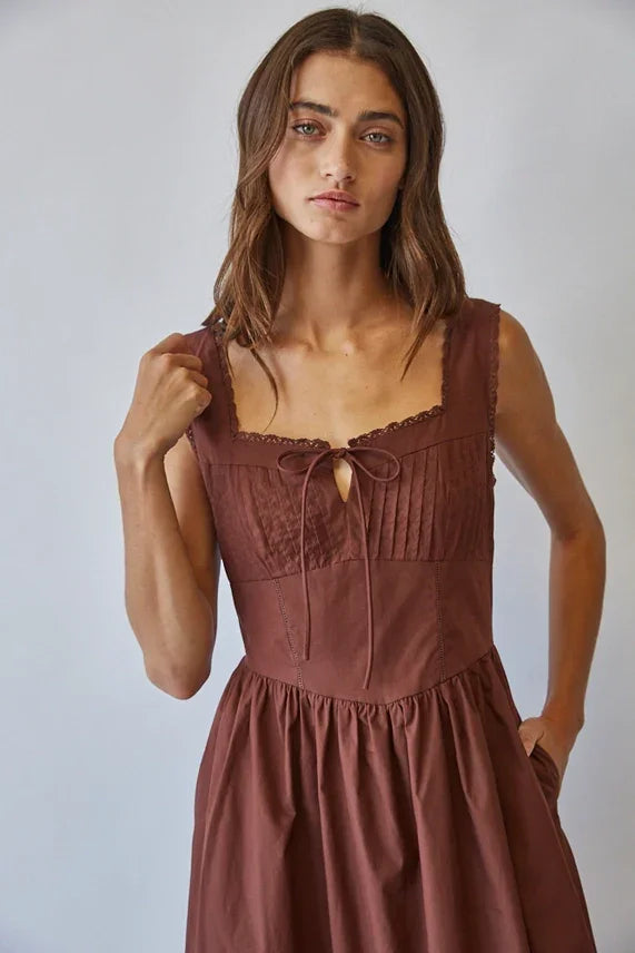 Brown Solid Cotton Lace Tie Front Maxi Dress with Linen Trim