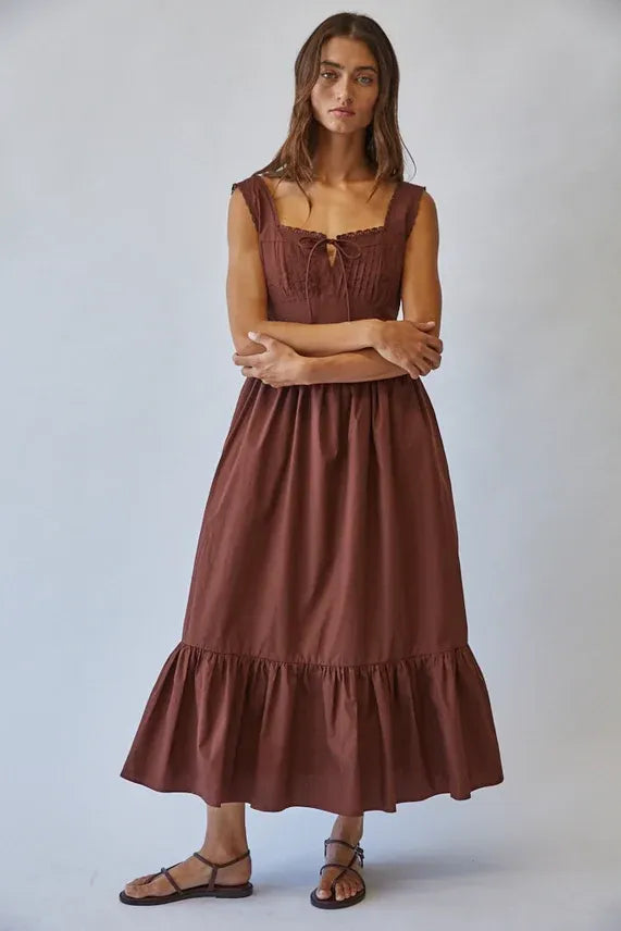 SOLID COTTON LACE TIE FRONT MAXI DRESS CHOCOLATE / SMALL SOLID COTTON LACE TIE FRONT MAXI DRESS CHOCOLATE / SMALL