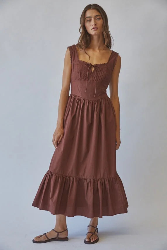 Solid cotton lace tie front maxi dress in brown linen with ruffles