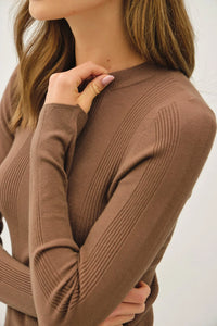 Brown long-sleeved ribbed knit top from BASIC PATTERNED KNIT SWEATER collection