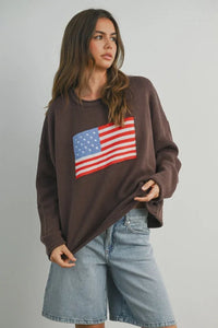 Brown American Flag Graphic Long Sleeve Sweatshirt with Distressed Denim Shorts