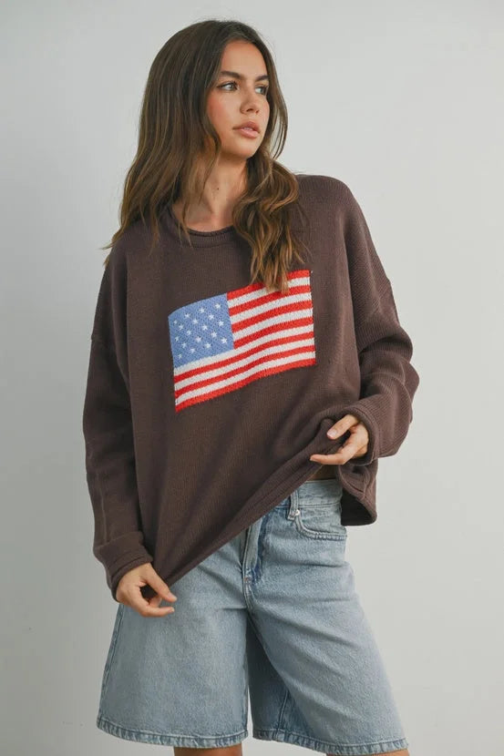 Brown American Flag Graphic Long Sleeve Sweatshirt with Distressed Denim Shorts