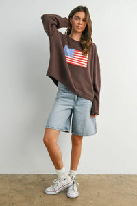 Brown American Flag Graphic Long Sleeve Sweater with Denim Shorts