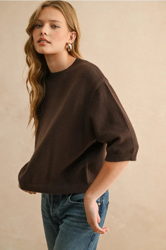 Brown short sleeve sweater top with oversized knit and round neckline