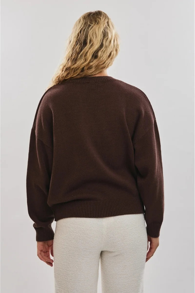 Brown crew neck Christmas dog sweater with ribbed cuffs and hem