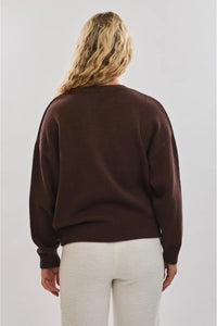 Brown crew neck Christmas dog sweater with ribbed cuffs and hem