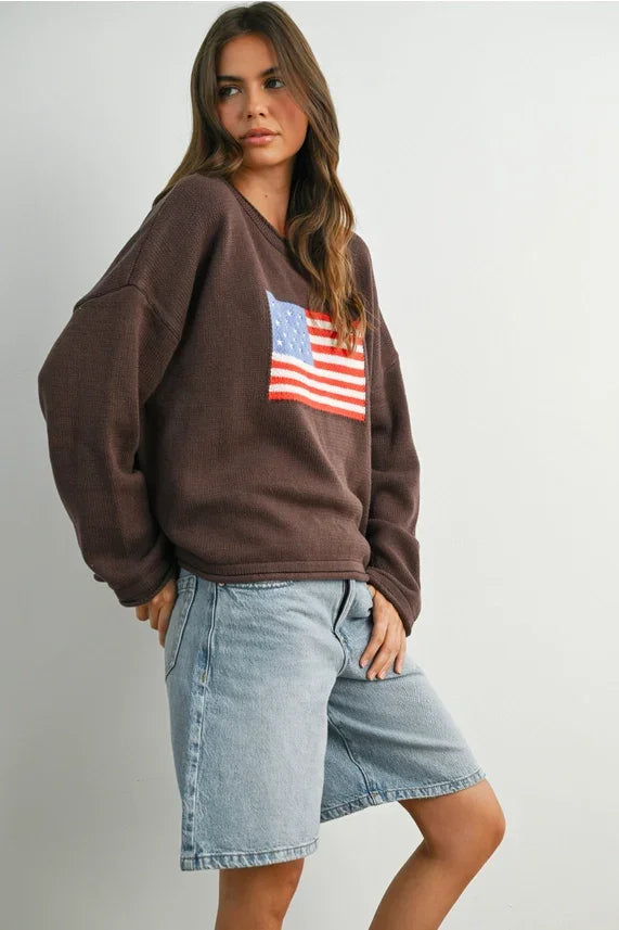 Brown cotton oversized American flag graphic long sleeve sweater