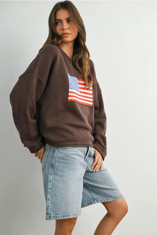 Brown cotton oversized American flag graphic long sleeve sweater